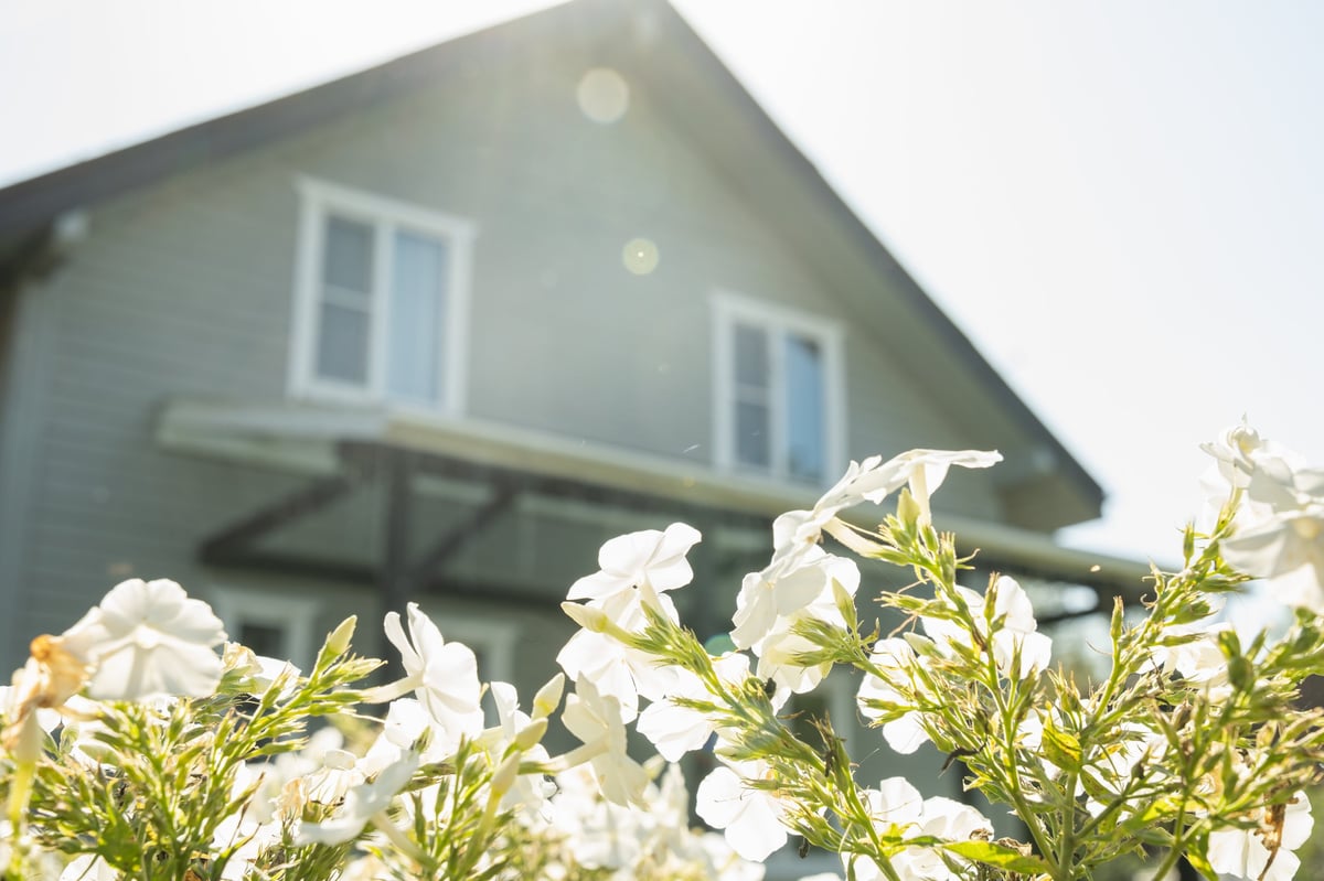 Modern house facade with white blooming flowers in front, representing a home that may need updates before selling